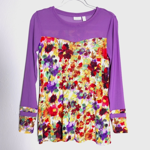 LOGO Layers by Lori Goldstein Printed Sheer Mesh w/Solid Details Purple XS - Picture 1 of 10